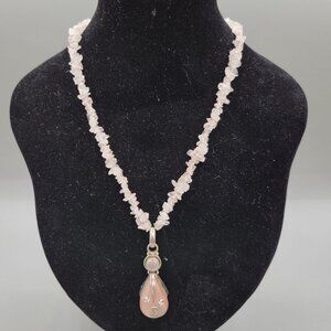 Rose Quartz Chip Bead Necklace Quartz Teardrop Sterling Pendant Wire Wrap
